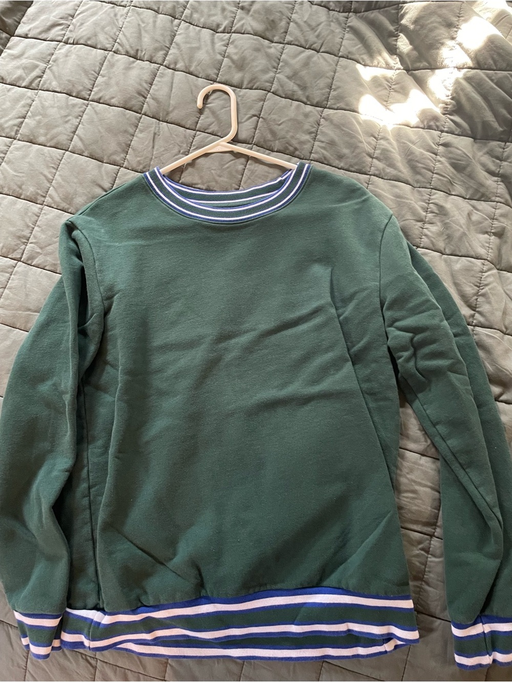 Arizona Jean Company Green Crewneck Sweater with Blue and White Stripes